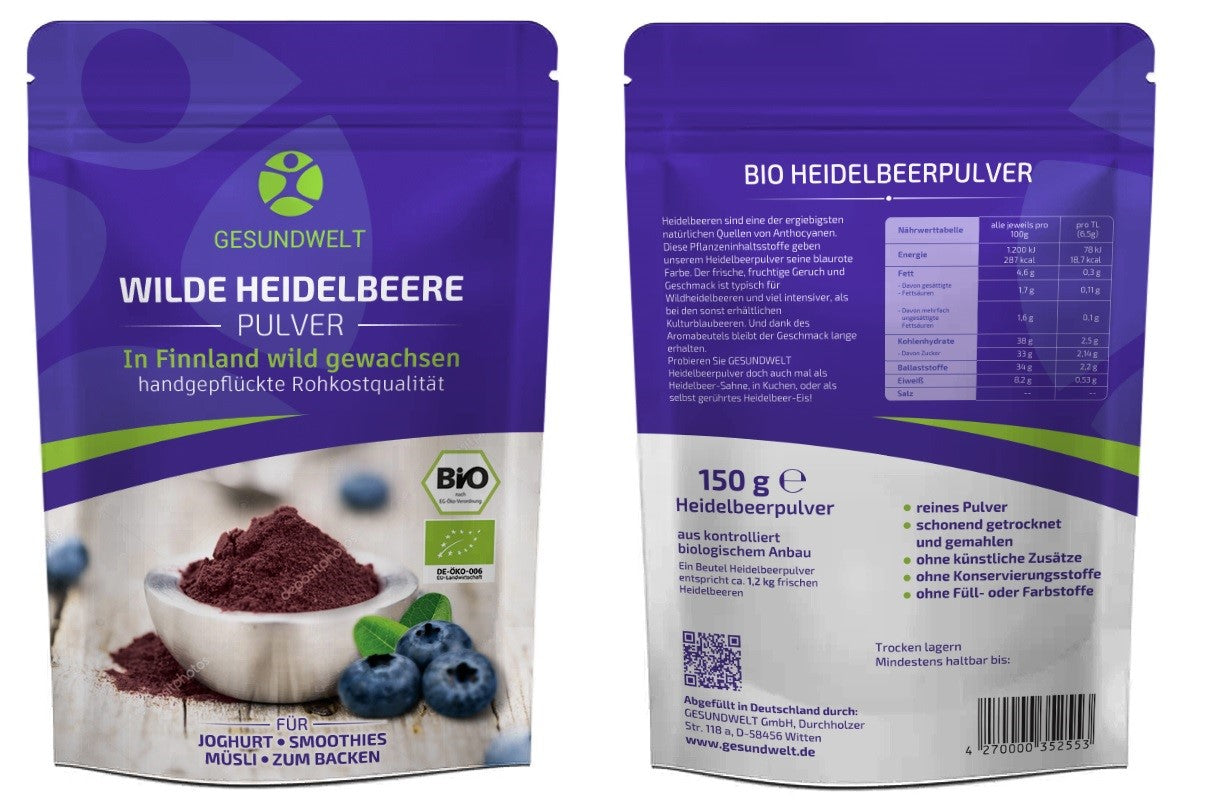 Früchtepulver aus wilden Bio-Heidelbeeren (150g)